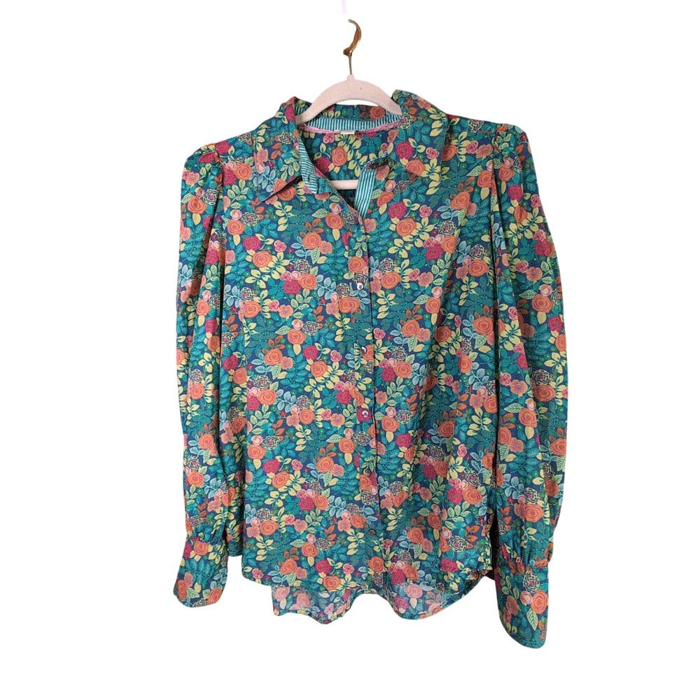 Sundance Top Womens L Floral Rosie Vines Button‎ Down Puff Sleeves